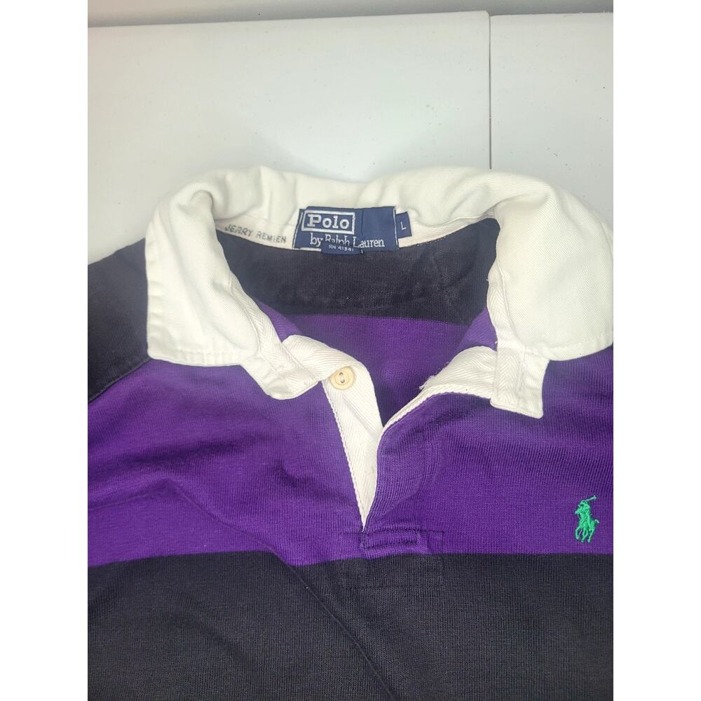 Vntg Polo By Ralph Lauren Polo Shirt Men L Purple Black Rugby Stripe Long Sleeve - Picture 7 of 12